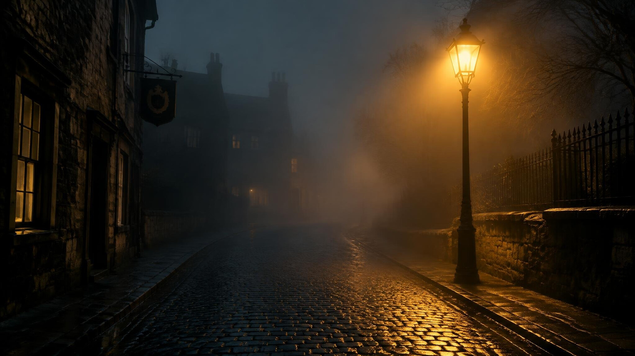 Foggy empty street at night with a streetlight