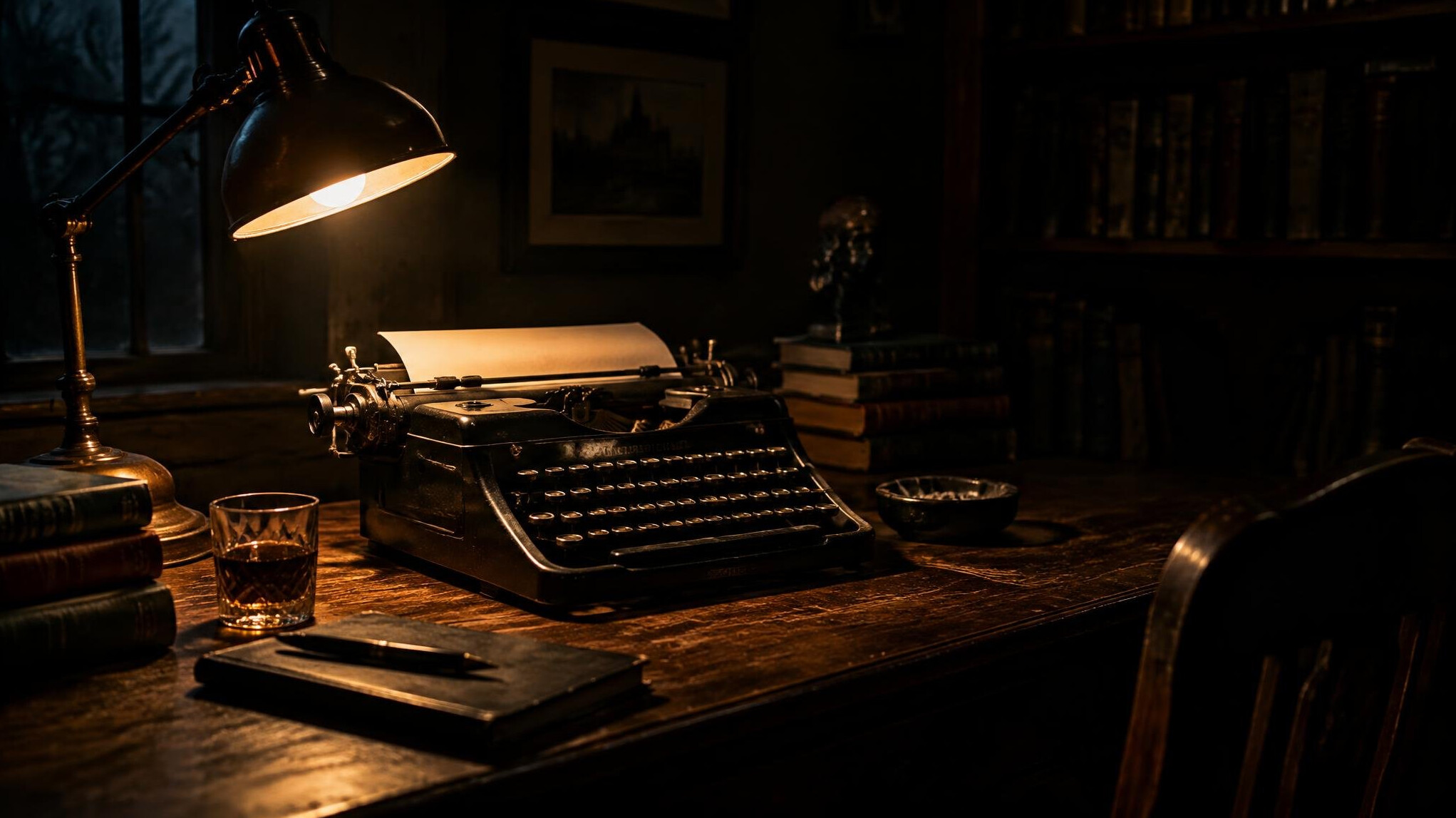 Old typewriter on a wooden desk in dim light