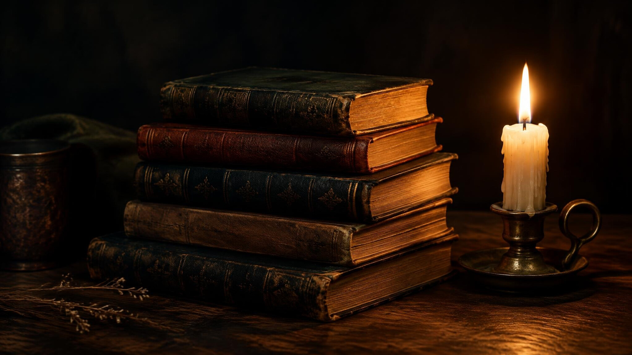 Old books stacked next to a lit candle