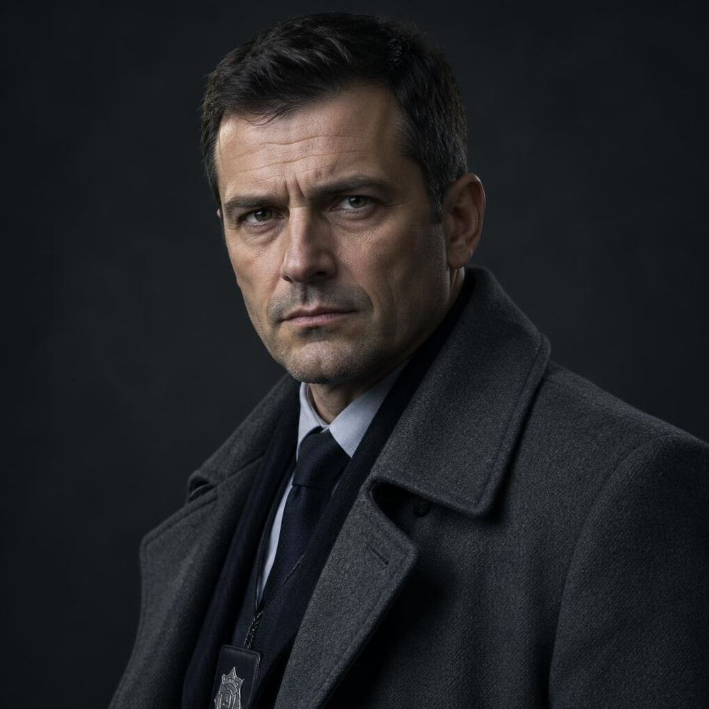 Serious middle-aged man in a coat, detective portrait